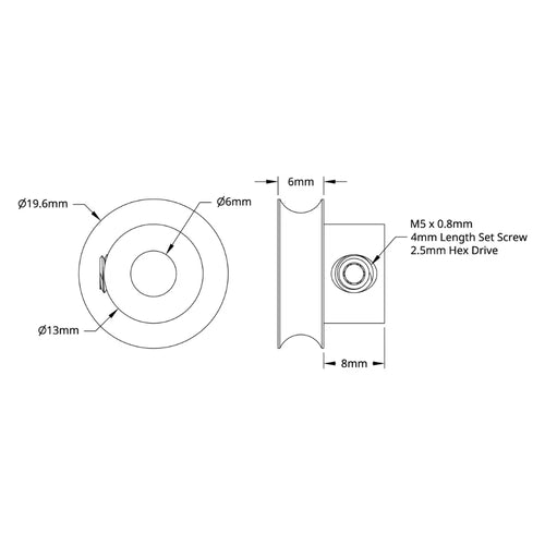 ServoCity 3401 Series Set-Screw Round Belt Pulley (6mm Bore, 16mm PD)
