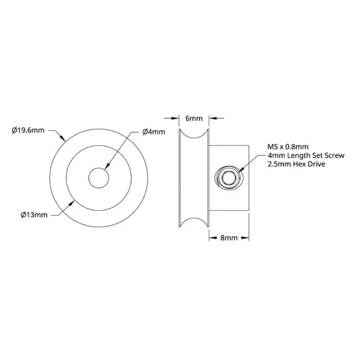 ServoCity 3401 Series Set-Screw Round Belt Pulley (4mm Bore, 16mm PD)