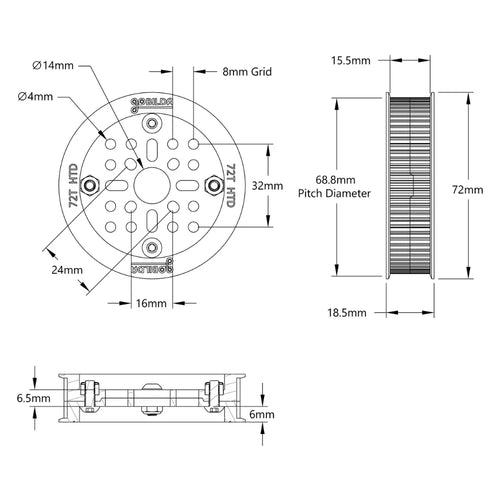 ServoCity 3402 Series 3mm HTD Pitch Plastic Hub Mount Timing Belt Pulley (14mm Bore, 72 Tooth)