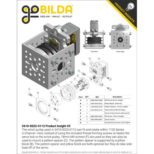 ServoCity 3410 Series Servo-Mount W" Pulley (25T Spline, Dual Spool, 112mm Circumference)