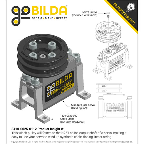 ServoCity 3410 Series Servo-Mount W" Pulley (25T Spline, Dual Spool, 112mm Circumference)