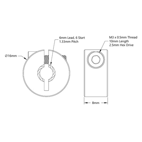 ServoCity 3504 Series Lead Screw Clamping Collar (6mm Lead, 6 Start, 16mm OD, 8mm Length)