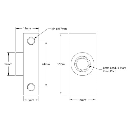 ServoCity 3508 Series Lead Screw Nut for V-Guide (8mm Lead, 4 Start, 14mm Width, 32mm Height)