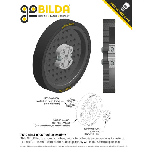 ServoCity 3619 Series Thin Rhino Wheel (14mm Bore, 96mm Diameter, 30A Durometer)