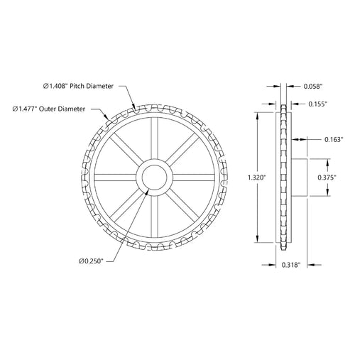 ServoCity 36 Tooth Press Fit Sprocket (0.1227" Pitch, 0.250" Bore)