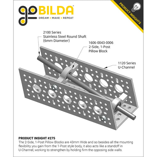 ServoCity 6mm Bore 2-Side, 1-Post Pillow Block (43mm Width)
