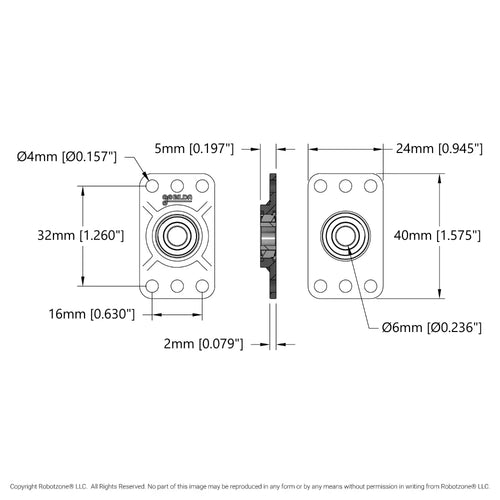 ServoCity 6mm Bore Flat Pillow Block (16mm x 32mm Mounting Pattern) - 2 Pack