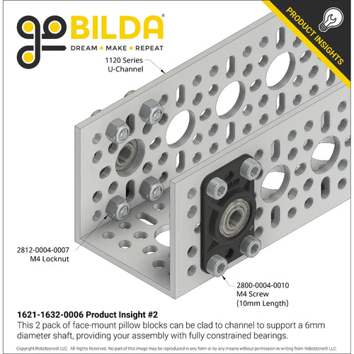 ServoCity 6mm Bore Flat Pillow Block (16mm x 32mm Mounting Pattern) - 2 Pack