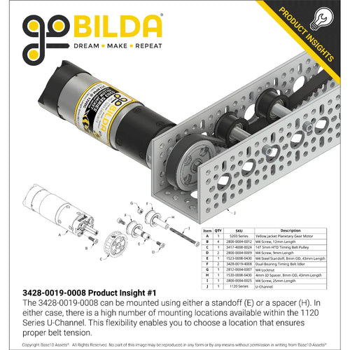 ServoCity Dual-Bearing Timing Belt Idler Pulley (8mm Bore, 18.5mm Diameter, 9.5mm inside Width)