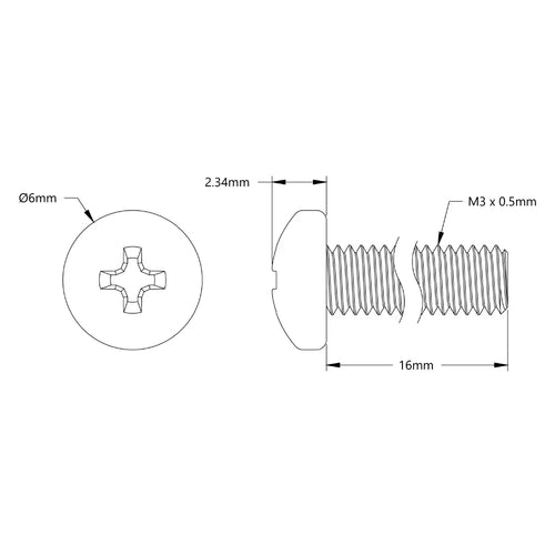 ServoCity M3 x 0.5mm Zinc-Plated Pan Head Screw (16mm Length) - 6 Pack