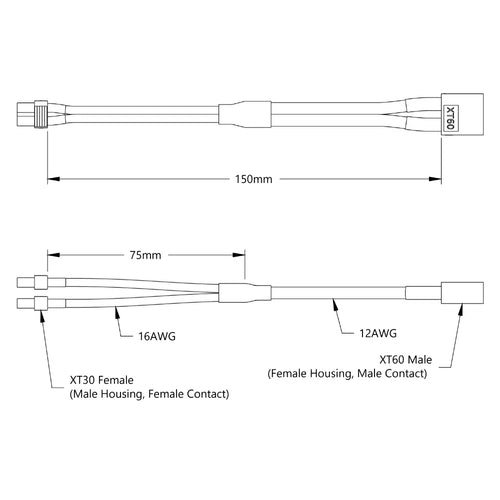 ServoCity XT60 to XT30 Y-Harness (Single FH-MC XT60 to Dual MH-FC XT30, 150mm Length)