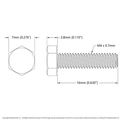 ServoCity Zinc-Plated Steel Hex Head Screw (M4 x 0.7mm, 16mm Length) - 25 Pack