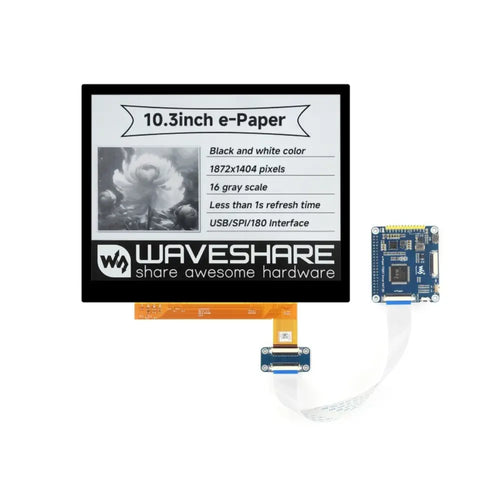 Waveshare 10.3" e-Paper E-Ink Display (G), 1872×1404 Pixels, Black/White, 2-16 Grey Scales (HAT Included)