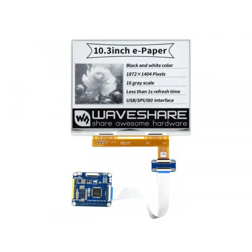 Waveshare 10.3" e-Paper E-Ink Display HAT for Raspberry Pi, 1872×1404, Black/White, 16 Grey Scales, USB/SPI/I80