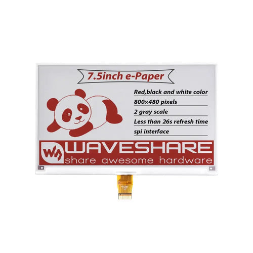 Waveshare 7.5" E-Paper (B) E-Ink Raw Display, 800×480, Red/Black/White, SPI, w/o PCB