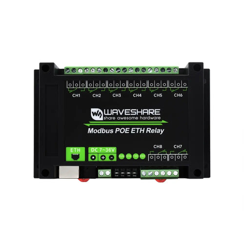 Waveshare 8-Ch Ethernet Relay Module, Modbus RTU/Modbus TCP Protocol, PoE Port Communication