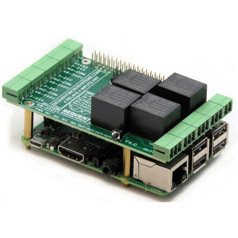 Sequent Microsystems 4-Relays 4-HV-Inputs 8-Layer Stackable HAT for Raspberry Pi
